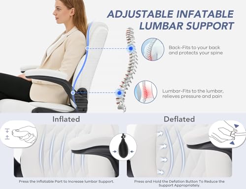 Office Chair with Adjustable Inflatable Lumbar Support,Leather Ergonomic Computer Desk Chair with Flip-up Arms,Adjustable Tilt Lock,Swivel Rolling Executive PC Chair for Work,Study,Meeting.White