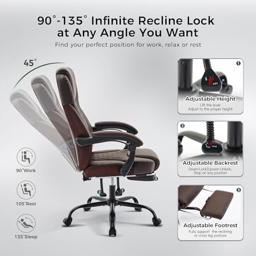 amseatec Big and Tall Office Chair with Footrest, Ergonomic Leather High Back Computer Chair Infinite Lock Reclining 90°-135°,20 Spring Packs,300lbs Executive Desk Chair for Home Office（Brown）