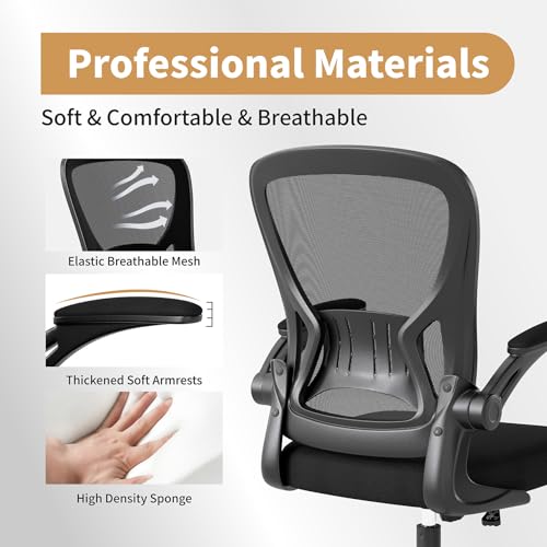Youhauchair Mesh Office Chair, Ergonomic Home Office Desk Chairs with Flip-up Arms and Lumbar Support, Height Adjustable, Black
