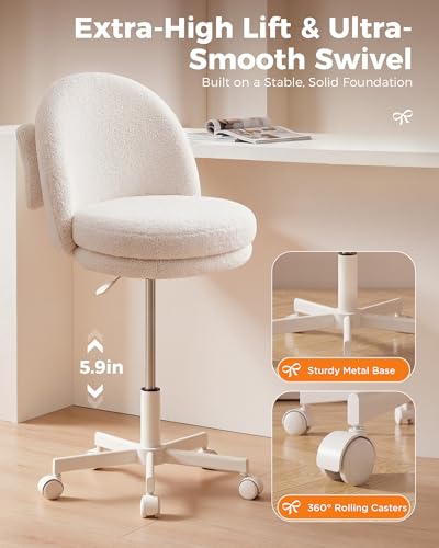 GTPLAYER Velvet Tall Office Chair with Wheels Vanity Chairs with Back, Versatile Height Use: Office to Bar Stools Small Ergonomic Comfy Armlees Computer Desk Chair with Bow Lumbar Pillow for Gift