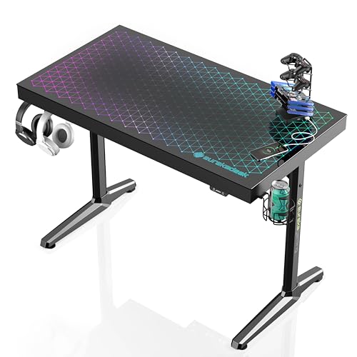EUREKA ERGONOMIC RGB LED Gaming Desk, Music Sync Lights Up Tempered Glass Desktop, 43" GTG I43 Home Office Computer Table W Controller Rack 4 USB Charging Ports, APP Control