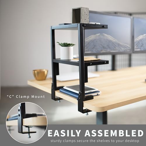 VIVO Clamp-on 13 inch Above or Below Desk 2-Tier Shelving Unit for Table Accessories, Gaming Devices, and More, Storage Tray, Desktop Organizer, Black, STAND-SHELF2C