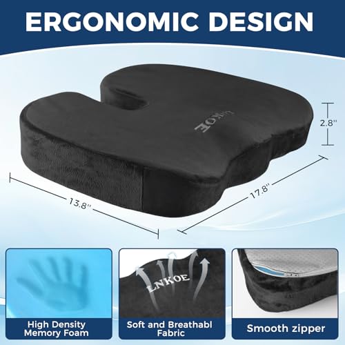 Gel Memory Foam Layer Wheelchair Cushion - Wheelchair Office Chair, Kitchen Chair, Car Seat - Pressure Pain and Tailbone Pain Relief - High Density Foam Base (Black)