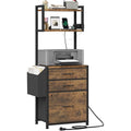 HIGDBFE 3 Drawer File Cabinet with Charging Station, 45''H, 3-Tier Small Filing Cabinet for Home Office, 11''*16'' for Small Printer, Fabric Drawer Fits Letter/A4, Tall Printer Stand, Rustic Brown