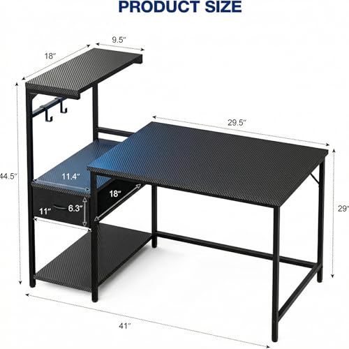 Grandder Gaming Desk 41 Inch with CPU Stand and LED Light, Computer Desk with Reversible Shelves and Storage Drawer, Pc Small Desk for Home Office Table with Bag, Carbon Fiber Black