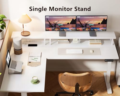 AODK Electric L-Shaped Standing Desk, 59 Inch Height Adjustable Office Desk with Monitor Stand, Sit-Stand Desk with Power Outlets, Large Lift Table for Home, Office, Workstation, White