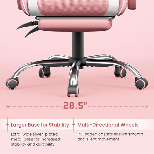 Yaheetech Gaming Chair, Video Game Chair with Massage Lumbar Support and Footrest Height Adjustable Ergonomic Computer Chair with Swivel Seat and Headrest, Pink/White