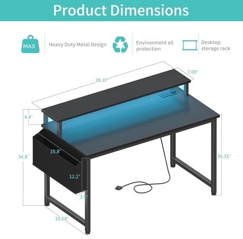 Lufeiya Black Gaming Desk with LED Lights and Power Outlets, 40 Inch Teen Writing Study Table Home Office Desks with Monitor Stand, Computer Desk with Charging Station USB Port, Black