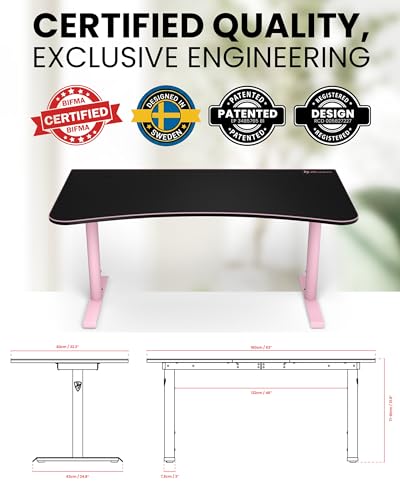 Arozzi Arena Large Gamer Desk - 63x32” Adjustable Height PC Gaming Desk with Storage for Cables & Triple-Monitor Support - Full-Surface Washable Mousepad - Pink