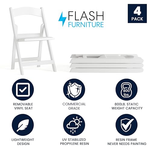 Flash Furniture Hercules Series Folding Chair - White Resin - Set of 4 800LB Weight Capacity Comfortable Event Chair - Light Weight Folding Chair