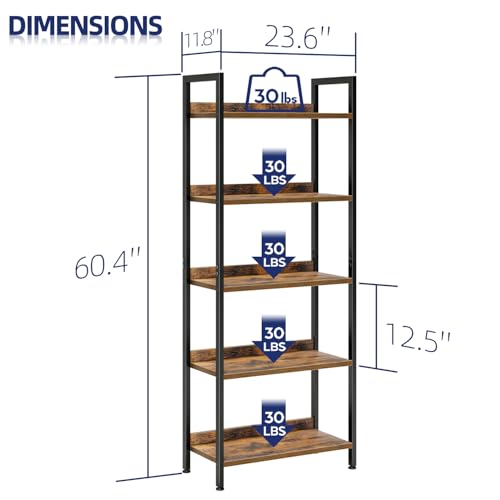 NUMENN Bookshelf, 5 Tier Bookshelves, Home Office Bookcase Shelf Storage Organizer, Free Standing Storage Shelving Unit for Bedroom, Living Room and Home Office, Vintage