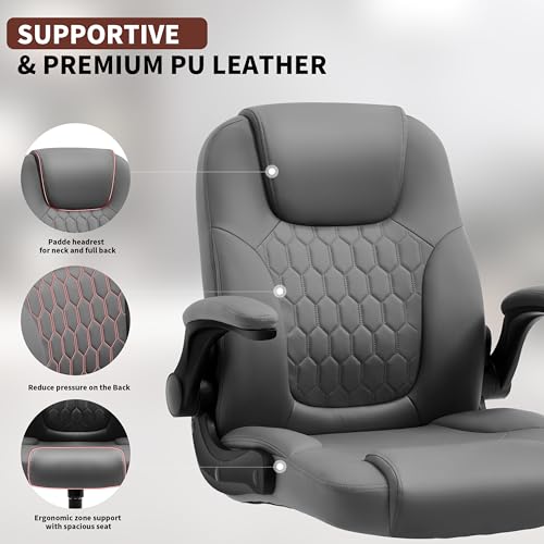 Nexthro Executive Office Chair PU,Leather Office Chair with Wheels,360° Swivel Rolling Chair with Padded Arms,Ergonomic Computer Chair with Lumbar Support for Short People Use (Grey)
