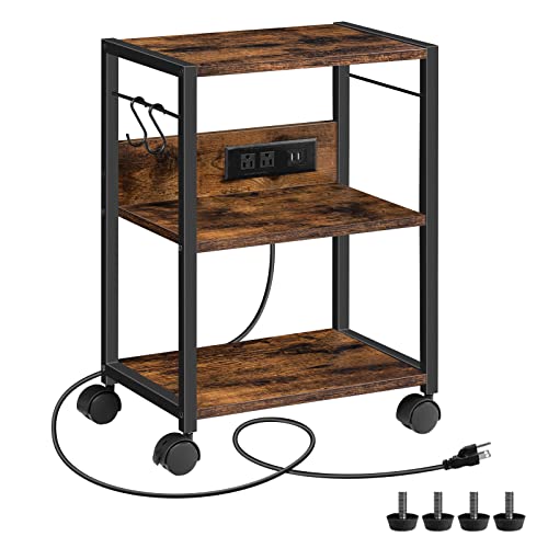 MAHANCRIS Industrial Printer Cart, 3-Tier Mobile Printer Stand, Rolling Cart with Power Outlets and USB Ports, Home Printer Stand with 2 Hooks, for Office, Living Room, Rustic Brown PTHR40E01Z