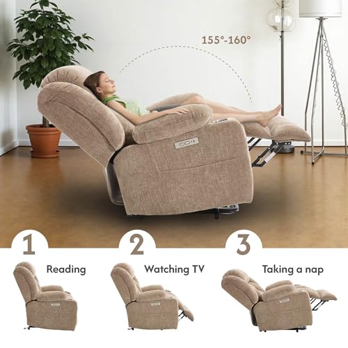 FLEXISPOT Power Lift Recliner Chair with Massage & Heat, Single Motor Lift Chair, Chenille Fabric Upholstery, USB/Type-C, Cup Holders, Side Pockets