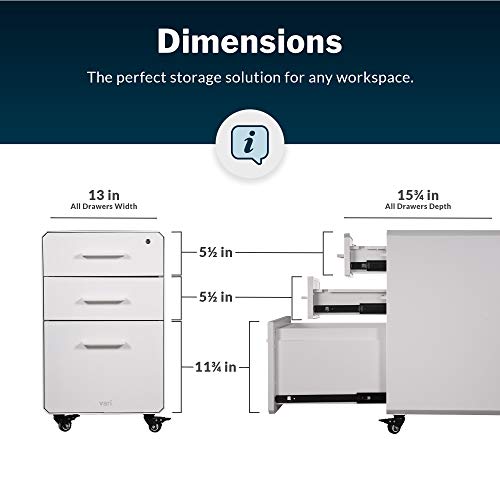 Vari File Cabinet for Office Storage with Three Drawers - Roll & Lock Caster Wheels (White)