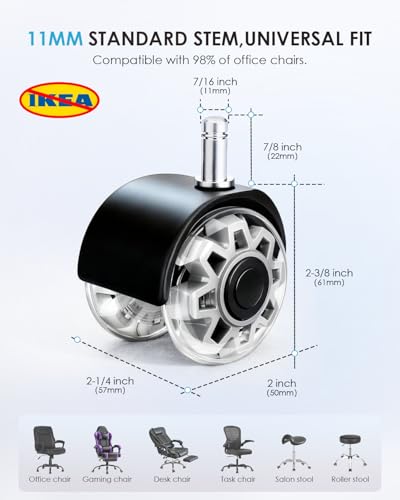 RidRed Office Chair Wheels,Smooth & Quiet Rollerblade Casters Wheels,Heavy Duty Support 700lbs Dual-Wheel Design,Gaming Desk Chair Wheel Replacement for Hardwood Floors and Carpet,2 Inch Universal Fit