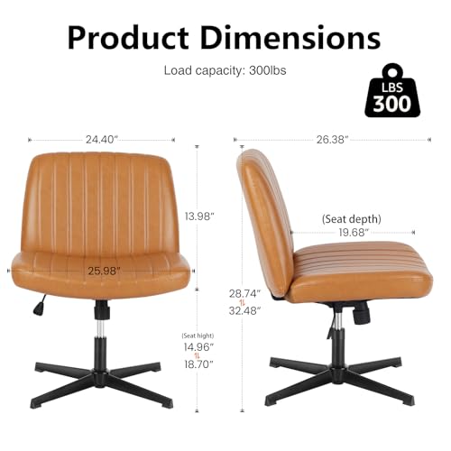 DUMOS Criss Cross Chair No Wheels, Wide Seat Cross Legged Office Desk Vanity Chair, Faux Leather Armless Height Adjustable Swivel Task Computer Chairs for Home, Study, Brown PU
