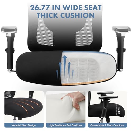 DUMOS Big and Tall Office Desk Chair with Lumbar Support, 500lbs Heavy Duty Mesh Ergonomic Computer Chair with 4D Armrest and Wide Comfy Seat, Swivel Wheels for Adult, Black