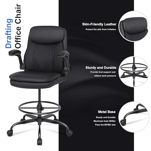 Misolant Drafting Chair, Tall Office Chair for Standing Desk, High Leather Executive Office Chair with Adjustable Height and Flip-up Armrest for Counter Height Desk
