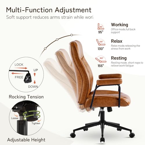 Furniliving Leather Office Chair, Comfy Home Office Desk Chair, Mid Century Modern Office Chair with Lumbar Support, Mid-Back Adjustable Swivel Computer Chair with Wheels and Arms, Brown