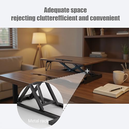 GOAWGO Standing Desk Converter, 32 Inch Wide, Height Adjustable Sit to Stand Workstation Riser, Dual Monitor with Wide Keyboard Tray for Home Office (Walnut)