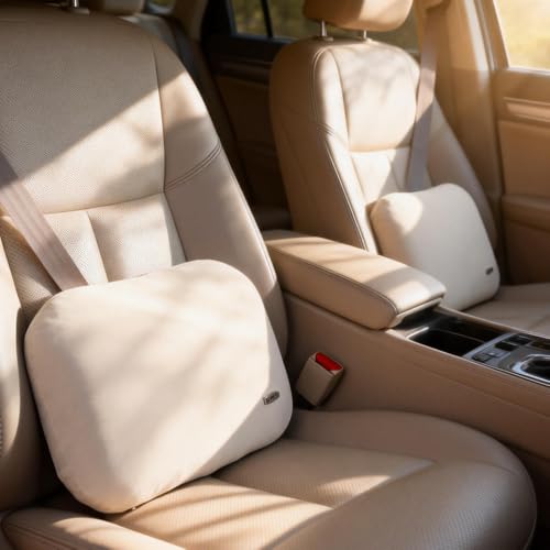 Carwales Beige Lumbar Support Pillow for Car Driving Seat Soft Latex Lower Back Support Thin Relax Home Recliner Sofa Office Accessories Chair Cushion Pain Relief
