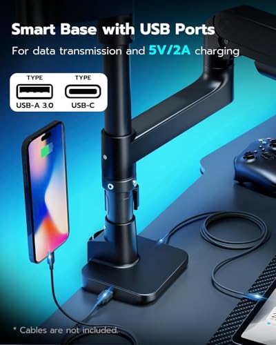 ARES WING Dual Monitor Arm for Ultrawide Heavy Duty Curved Monitor Stacking, Fits 17-49 Inch, Vertical Gas Spring Double Monitor Stand with USB, Adjustable Dual Monitor Mount for Desk, Black