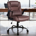 EGSEAT Home Office Chair with Lumbar Support, 5" Thickened Seat, Small PU Leather Rocking Desk Chair, Comfy Computer Chairs with Rolling Wheels & Adjustable Armrests for Adults, Brown