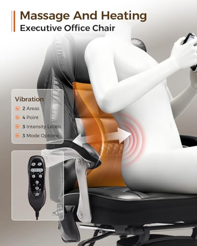 600LBS Big and Tall Office Chair with Massage and Heat, 23.5" Wide Leather Office Chair with Back Support, Ergonomic Comfort 140° Reclining Desk Chairs Managerial Chairs for Heavy People