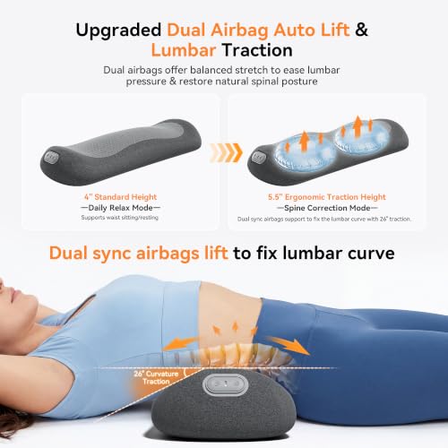 Yunari 3-in-1 Wireless Back Massager, Dual Airbag Decompression Lumbar Support Pillow with Adjustable Heat, Vibration & Traction, Ergonomic Support for Lower Back Pain Relief, Home Office Travel Car