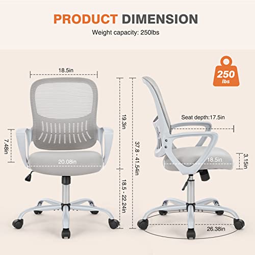 Sweetcrispy Ergonomic Mid-Back Mesh Home Office Desk Chair with Wheels, Managerial Executive Chair with Lumbar Support, and Comfortable Armrests for Home, Bedroom, Study, Office, Grey