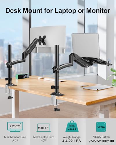 MOUNT PRO Laptop Arm Desk Mount, Single Monitor Stand with VESA Laptop Tray, Adjustable Lap Top Holder for Max 22lbs 17" Notebook & 32" Computer Screen, Swivel Notebook Bracket, Clamp on/Grommet Base
