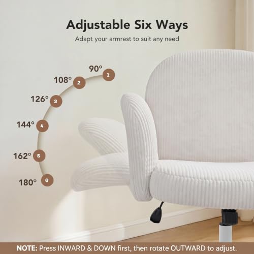 HUANUO Criss Cross Office Chair for Women, Cross Legged Desk Chair with Adjustable Armrests, Soft Corduroy Fabric for Small Spaces, Petite Home Office Computer Chair for Girls, White