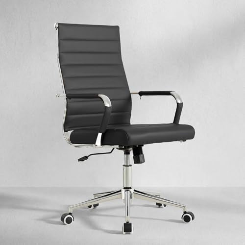 Okeysen Office Desk Chair, Ergonomic Leather Modern Conference Room Chairs, Executive Ribbed Height Adjustable Swivel Rolling Chair for Home Office. (Black)