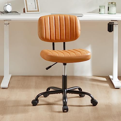 Sweetcrispy Small Office Desk Chair - Armless PU Leather with Comfy Lumbar Support, Height Adjustable Rolling Swivel Task for No Arms, for Adult, Student, Bedroom, Home, Vanity, Brown