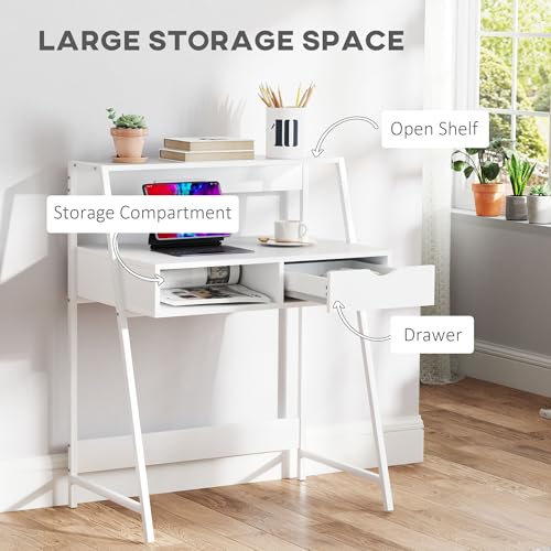 HOMCOM Home Office Desk, Computer Desk with A Frame for Small Spaces, Writing Table with Drawer and Storage Shelves, White