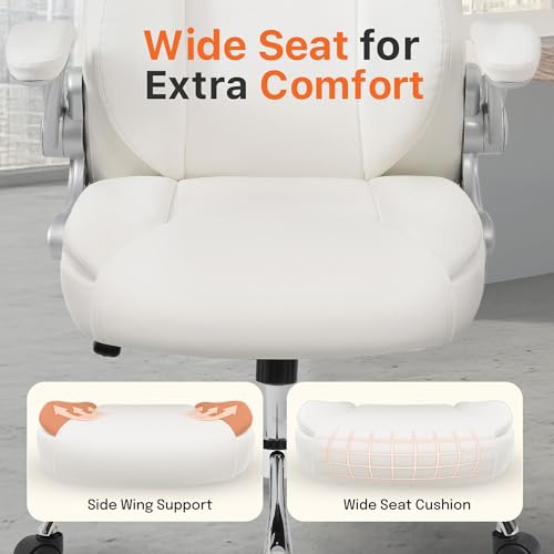 NEO CHAIR Office Desk Gaming Computer Home Chair Ergonomic Executive High Back Support Flip-up Arms Adjustable Height Swivel Rolling Wheels Comfy PU Leather (White)