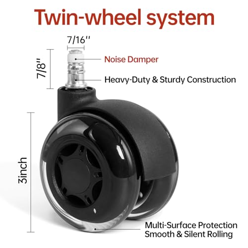 Office Chair Wheels, 3 Inch Double Rollerblade Office Chair Wheel Replacement-Smooth & Quiet Rolling Chair Wheels for Hardwood Floors & Carpet for Heavy Duty Gaming Chair Set of 5 Black