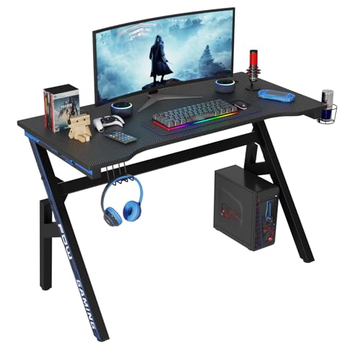 PayLessHere 47 Inch Gaming Desk PC Carbon Fiber Table Ultimate Gamer Workstation with Cup Holder & Headphone Hook for Home Office,Blue