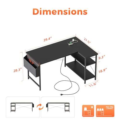 Mericonia Small L Shaped Computer Desk with Power Outlets, Reversible Gaming Desk with Storage Shelves, Corner Gamer Desk Table, Study Writing Table