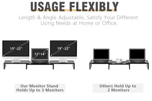 TAVR Dual Monitor Stand Riser Office Desktop Organizer Stand for 2 Monitors, Adjustable Length and Angle 3 Shelf, Extra Long Multifunctional Wooden Stand up to 43.3" fit Computer, Laptop, TV, Black
