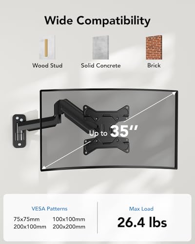 HUANUO Computer Monitor Wall Mount for 22"-35" Screens, Gaming Wall Mount Monitor Arm Holds up to 26.4lbs, Vesa Mount with Tilt, Swivel, Rotation, Supports 75x75mm, 100x100mm, 200x200mm, Black