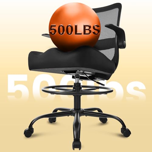 Drafting Chair 500LBS – Tall Office Chair with Adjustable Height & Foot Ring for Standing Desk, Ergonomic Mesh Chair with Flip-Up Armrests, Thick Curved Seat for Home Office & Creative Work