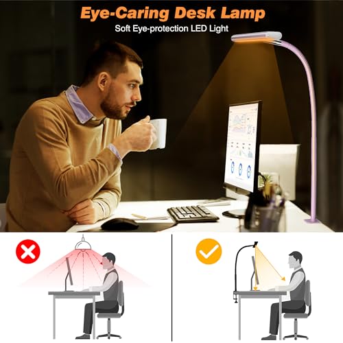 Airlonv LED Desk Lamp for Office Home, Eye-Caring Desk Light with Stepless Dimming Adjustable Flexible Gooseneck, 10W USB Adapter Desk Lamp with Clamp for Reading, Study, Workbench (Pink)