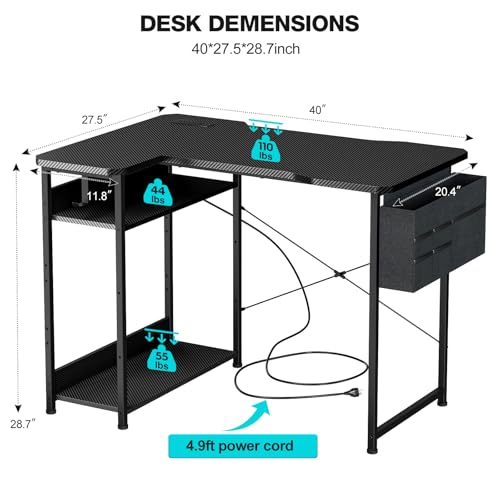 Acrolix L Shaped Gaming Desk 40 Inch - Computer Corner Desk with Power Outlets, Reversible Shelves & Storage Bag for Home Office, PC Gaming Table, Black Carbon