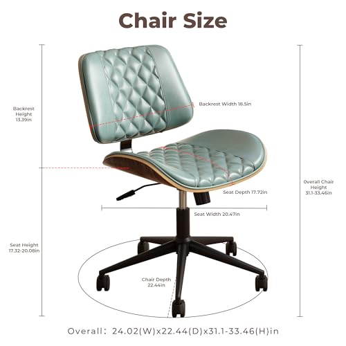 zavxzren Home Office Chair No Arms with Wheels, Armless Adjustable Height Small Desk Chair, Armless PU Leather Computer Chair Mid Back 360 Swivel, Modern Walnut, Reading Meeting Room (Green)