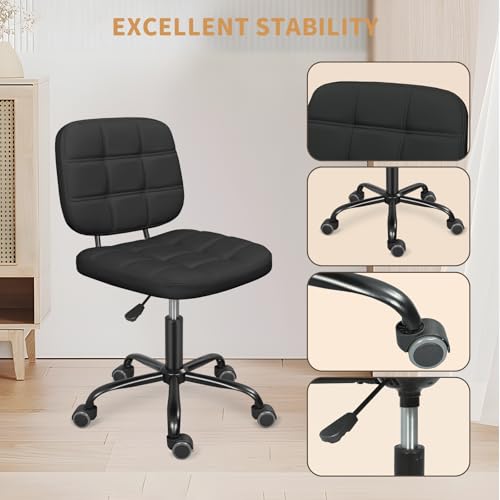 ERGOSEAT Armless Office Chair with Wheels, Small Desk Drafting Chair for Small Space, PU Leather Computer Task Chair, Height Adjustable Rolling Chair, Compact Chair for Home Office, Dorm, Vanity,Black