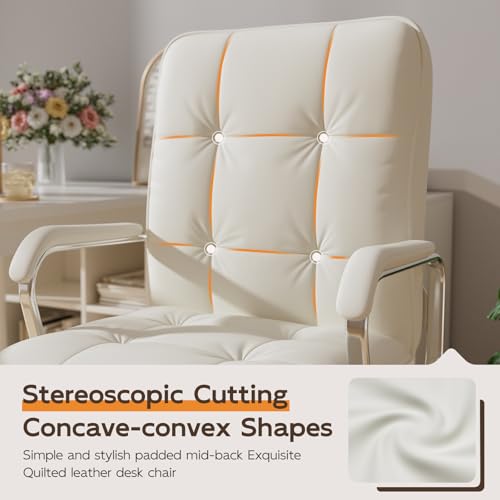 HomeZeer White Office Chair, Mid Back Leather Desk Chair with Wheels and Padded Arms, Swivel Vanity Chair for Bedroom, Computer Chair for Study and Work