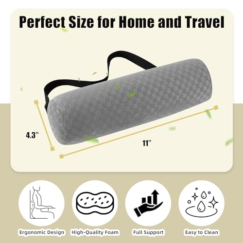 Lumbar Roll Pillow for Lower Back, Lumbar Support Foam Roll Cushion with Pillowcase and Upgraded Strap for Office, Chair, Car, Seat Pain Relief & Improving Posture (Light Grey, Short-11*4.3'')