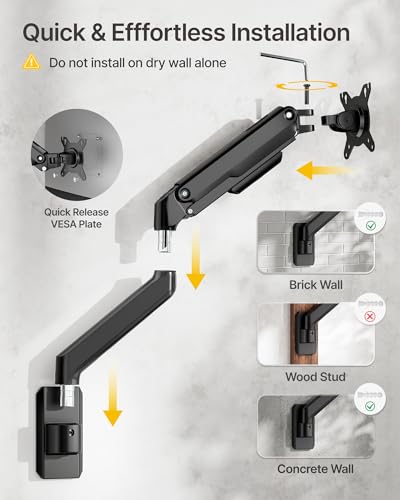 monTEK Single Monitor Wall Mount - Full Motion Wall Arm for 17–32 Inch Screens, Space Saving, Wobble-Free Mechanical Spring Holds 20 lbs, Ergonomic Height Adjustable, VESA 75x75/100x100, Black